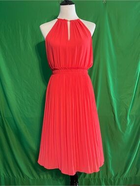 Sleeveless Pleated Michael Kors Halter Dress in Coral